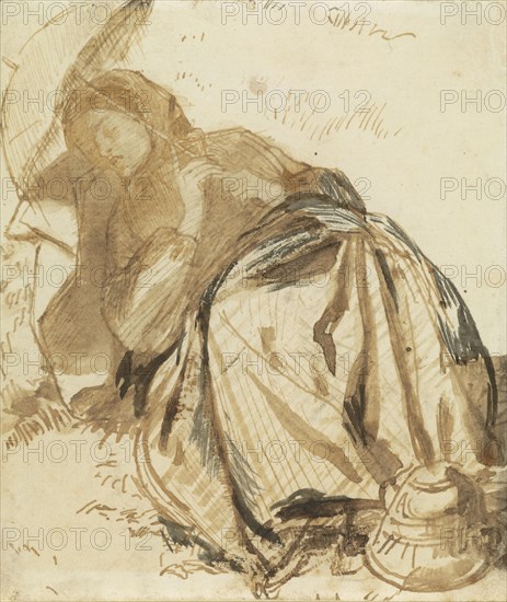 Portrait of Elizabeth Siddal Resting, Holding a Parasol; Dante Gabriel Rossetti, British, 1828 - 1882, about 1852 - 1855; Pen