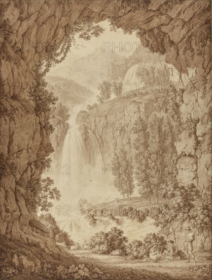 A Shepherd and Muses by a Waterfall; Christoph Henrich Kniep, German, 1748 - 1825, 1798; Black and brown ink over graphite