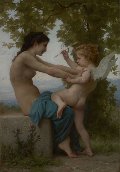 A Young Girl Defending Herself against Eros; William Adolphe Bouguereau, French, 1825 - 1905, about 1880; Oil on canvas