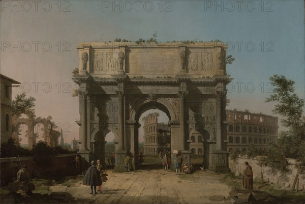 View of the Arch of Constantine with the Colosseum; Canaletto, Giovanni Antonio Canal, Italian, 1697 - 1768, 1742–1745