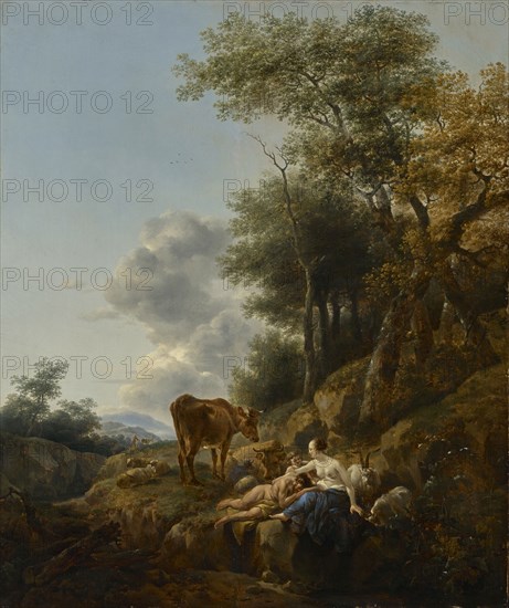 Landscape with a Nymph and a Satyr; Nicolaes Berchem, Dutch, 1620 - 1683, 1647?; Oil on panel; 69.9 × 58.7 cm