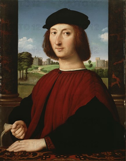 Portrait of a Young Man in Red; Circle of Raphael, Raffaello Sanzio, Italian, 1483 - 1520, Italy; about 1505; Oil on panel