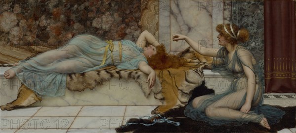 Mischief and Repose; John William Godward, English, 1861 - 1922, 1895; Oil on canvas; 60.6 × 133 cm, 23 7,8 × 52 3,8 in