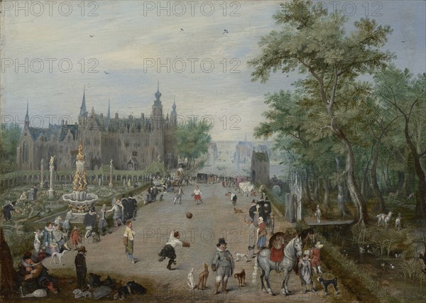 A Jeu de Paume Before a Country Palace; Adriaen van de Venne, Dutch, 1589 - 1662, about 1614; Oil on panel; 16.5 × 22.9 cm