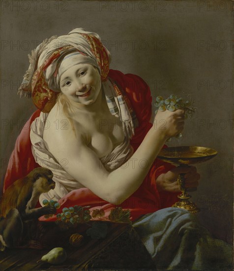 Bacchante with an Ape; Hendrick ter Brugghen, Dutch, 1588 - 1629, 1627; Oil on canvas; 102.9 × 89.2 cm, 40 1,2 × 35 1,8 in