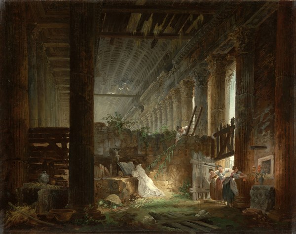 A Hermit Praying in the Ruins of a Roman Temple; Hubert Robert, French, 1733 - 1808, about 1760; Oil on canvas; 57.8 × 70.5 cm