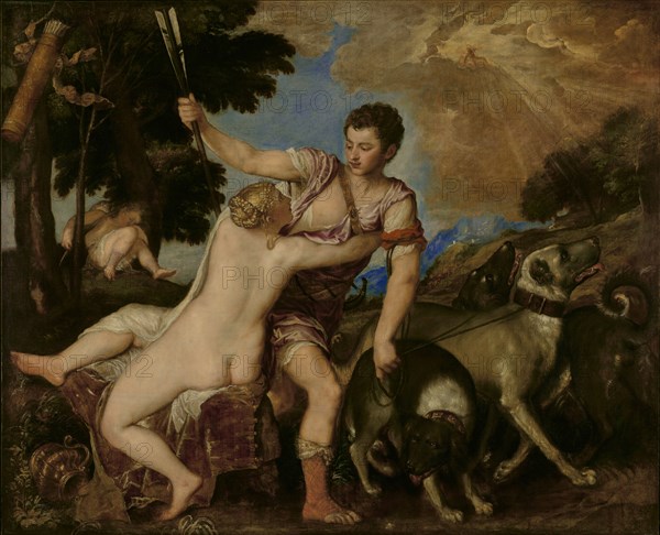 Venus and Adonis; Titian, Tiziano Vecellio, Italian, about 1487 - 1576, about 1555 - 1560; Oil on canvas; 161.9 × 198.4 cm