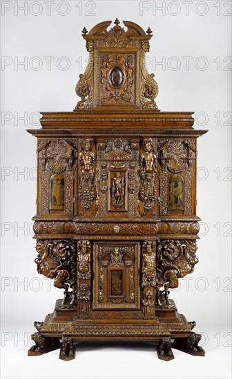 Cabinet; Burgundy, France; 1580; minor additions in late 1850s; Walnut, oak, paint, and iron; linen-and-silk lining