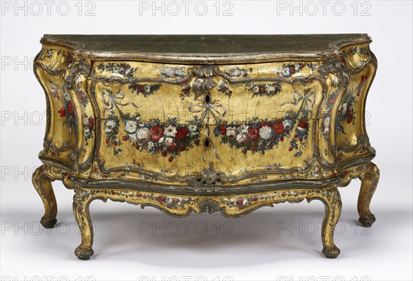 Commode; Venice, Veneto, Italy; about 1745 - 1750; Painted, gilt, and silvered oak; 81.6 × 147 × 62.6 cm