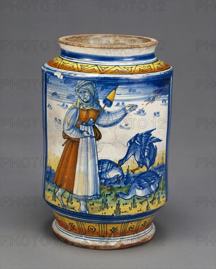 Jar with a Woman and Geese; Faenza, Emilia-Romagna, Italy; early 16th century; Tin-glazed earthenware; 24.8 × 16.8 × 12.9 cm