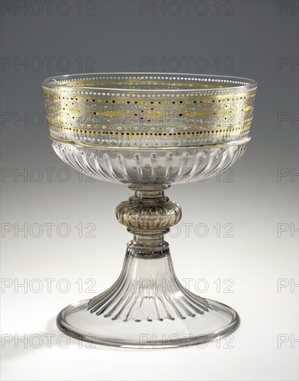 Footed Bowl; Venice, Veneto, Italy; early 16th century; Free- and mold-blown colorless, slightly purple, glass with gold leaf