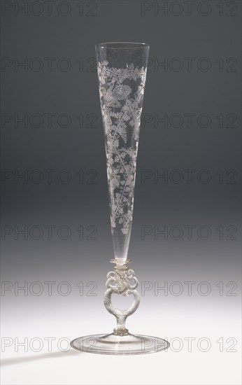 Flute Glass; Germany; late 16th or early 17th century; Free-blown colorless, slightly pink, glass with diamond-point engraving