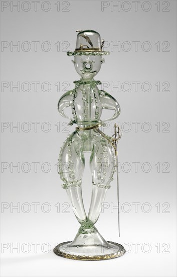 Joke Glass, Scherzgefäss, or Netherlands; 17th century; Free-blown pale green glass with applied decoration; silver