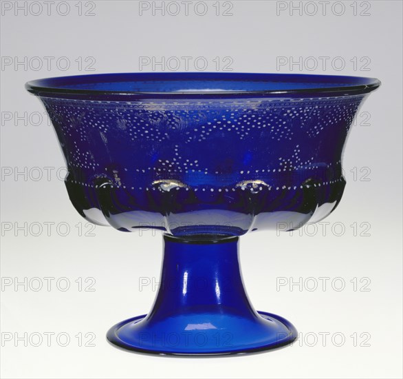 Footed Bowl, Coppa, Venice, Veneto, Italy; about 1500; Free- and mold-blown cobalt-blue glass with gold leaf and enamel