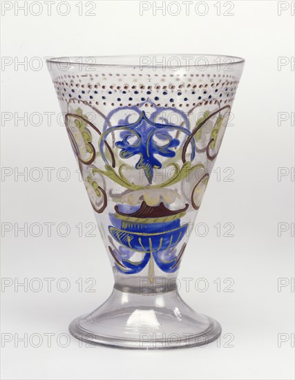 Goblet; Venice, Veneto, Italy; late 15th - early 16th century; Free-blown colorless glass with gold leaf and enamel decoration