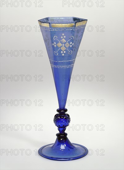 Goblet; Central Germany, Germany; second half of 16th century; Free- and mold-blown light cobalt-blue glass with gold leaf