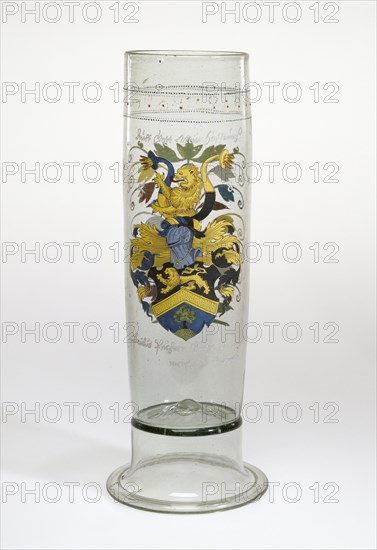 Beaker with the Arms of Puchner, Stangenglas, Erzgebirge, possibly, Saxony, Germany; 1587; Free-blown colorless, pale green