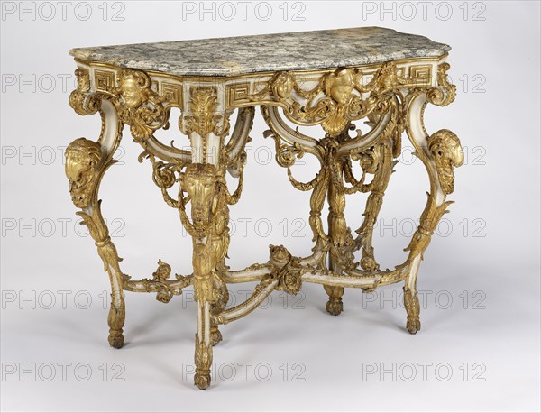 Side Table; Italy; about 1760 - 1770; Carved, painted, and gilded limewood; marble top; 104.9 x 153 x 74 cm