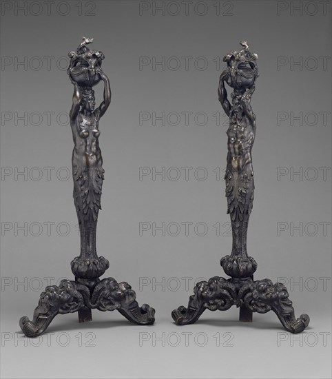 Pair of Andirons in the form of a Female and Male Herm; Italian, probably active in France, Fontainebleau, France; about 1540