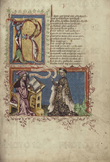A Scribe and a Woman; Regensburg, Bavaria, Germany; about 1400 - 1410; Tempera colors, gold, silver paint, and ink on parchment