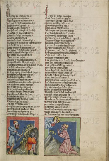 The Blindman Lamech Kills Cain; Enoch Before God; Regensburg, Bavaria, Germany; about 1400 - 1410; Tempera colors, gold, silver