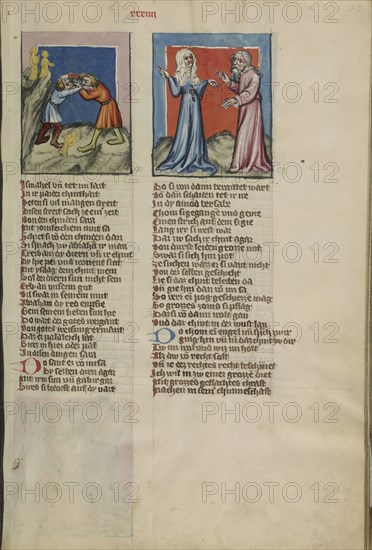 Ishmael Fighting with Isaac; The Banishment of Hagar; Regensburg, Bavaria, Germany; about 1400 - 1410; Tempera colors, gold