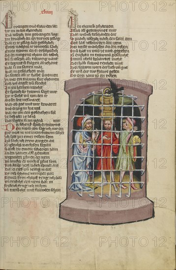 Joseph in Prison with a Butler and a Baker; Regensburg, Bavaria, Germany; about 1400 - 1410; Tempera colors, gold, silver paint