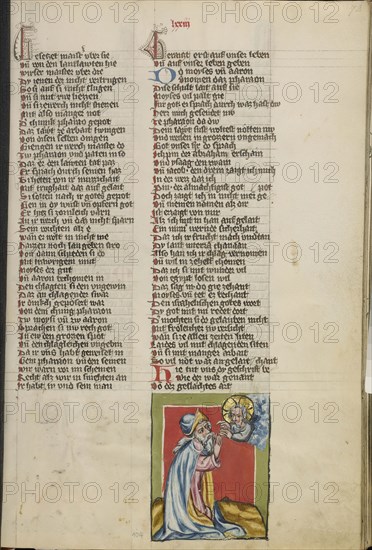 God Speaking to Moses; Regensburg, Bavaria, Germany; about 1400 - 1410; Tempera colors, gold, silver paint, and ink on parchment