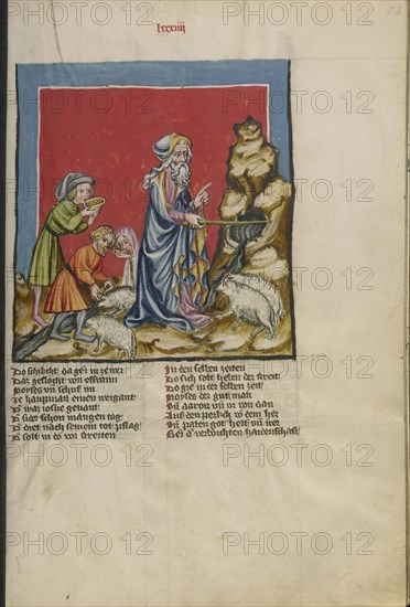 Moses Striking Water from the Rock; Regensburg, Bavaria, Germany; about 1400 - 1410; Tempera colors, gold, silver paint, and ink