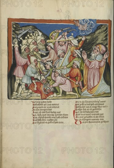 The Defeat of the Amorites; Regensburg, Bavaria, Germany; about 1400 - 1410; Tempera colors, gold, silver paint, and ink