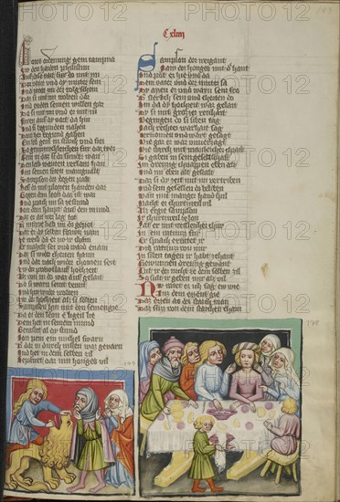 Samson Killing a Lion; Samson's Wedding; Regensburg, Bavaria, Germany; about 1400 - 1410; Tempera colors, gold, silver paint