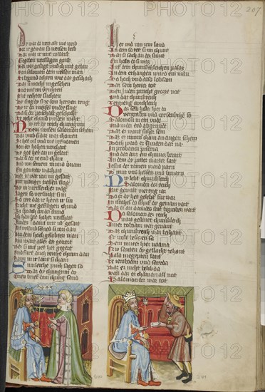 Solomon and the Queen of Sheba; A Messenger Sees Solomon; Regensburg, Bavaria, Germany; about 1400 - 1410; Tempera colors, gold