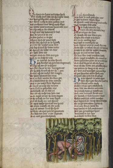 Nebuchadnezzar as a Wild Animal; Regensburg, Bavaria, Germany; about 1400 - 1410; Tempera colors, gold, silver paint, and ink