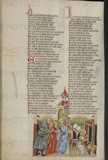 The Virgin Mary, Accompanied by Seven Virgins, Announces her Pregnancy to Joseph; Regensburg, Bavaria, Germany; about 1400