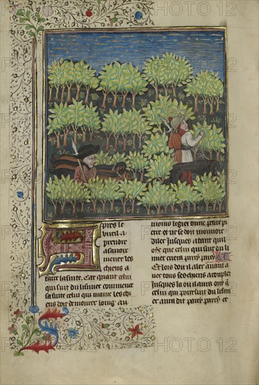 Hunters Training Dogs to Track a Quarry; Brittany, France; about 1430 - 1440; Tempera colors, gold paint, silver paint, and gold