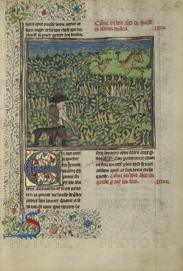 A Hunter and a Dog Tracking in a Copse; Brittany, France; about 1430 - 1440; Tempera colors, gold paint, silver paint, and gold