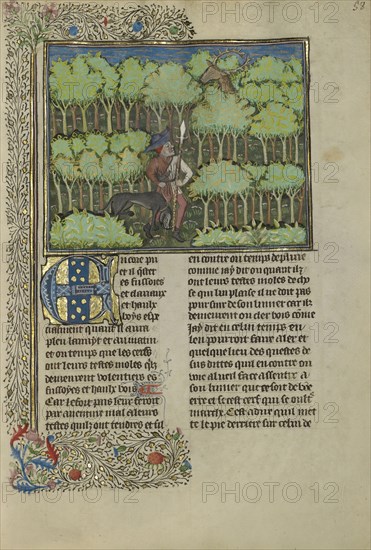 A Hunter and a Dog Tracking in a Forest; Brittany, France; about 1430 - 1440; Tempera colors, gold paint, silver paint, and gold