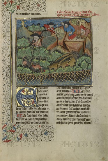 A Hunter and Dogs Pursuing Wild Goats; Brittany, France; about 1430 - 1440; Tempera colors, gold paint, silver paint, and gold