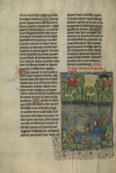 Hunters and Dogs Ferreting out Rabbits; Brittany, France; about 1430 - 1440; Tempera colors, gold paint, silver paint, and gold