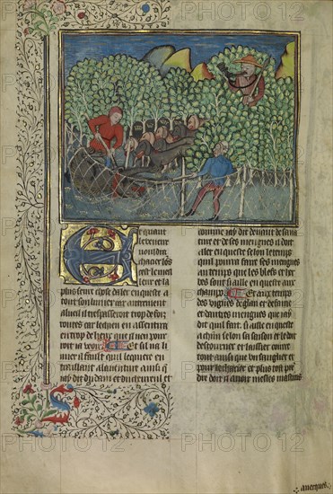 Hunters and Dogs Capturing a Bear; Brittany, France; about 1430 - 1440; Tempera colors, gold paint, silver paint, and gold leaf