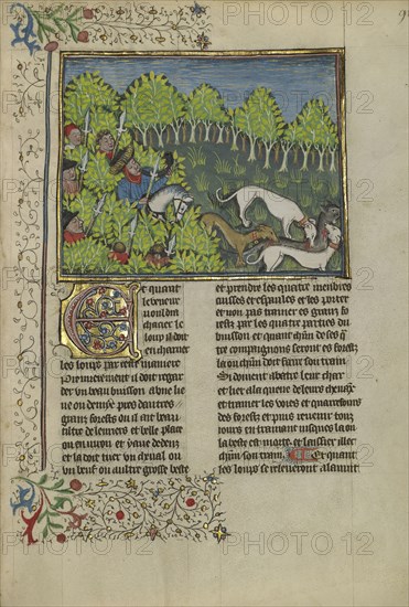 Hunters and Dogs Killing a Wolf; Brittany, France; about 1430 - 1440; Tempera colors, gold paint, silver paint, and gold leaf on