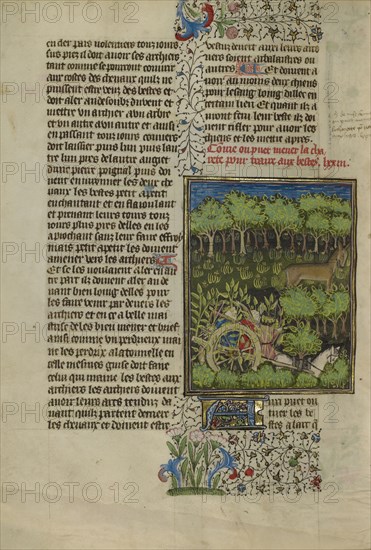 Camouflaged Hunters Preparing to Attack a Deer; Brittany, France; about 1430 - 1440; Tempera colors, gold paint, silver paint