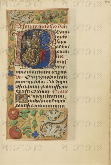 Initial B: Saint Nicholas; Master of the Dresden Prayer Book or workshop, Flemish, active about 1480 - 1515, Bruges, Belgium