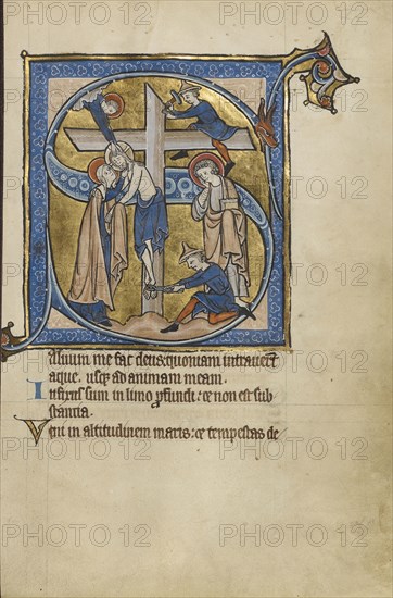 Initial S: The Deposition; Bruges, possibly, Belgium; mid-1200s; Tempera colors, gold leaf, and ink on parchment; Leaf