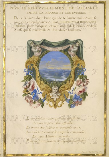 Escutcheon with a Landscape; Jacques Bailly, French, 1634 - 1679, Paris, France; about 1663 - 1668; Gouache, gold, and ink