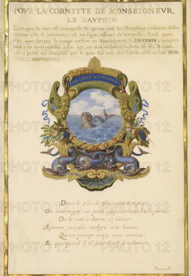 Escutcheon with a Sea Monster; Jacques Bailly, French, 1634 - 1679, Paris, France; about 1663 - 1668; Gouache, gold, and ink
