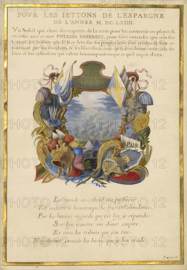 Escutcheon with a Landscape; Jacques Bailly, French, 1634 - 1679, Paris, France; about 1663 - 1668; Gouache, gold, and ink