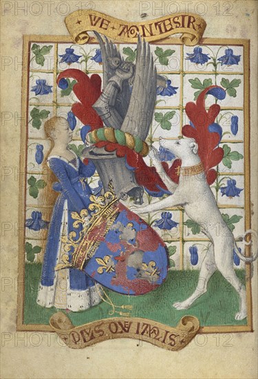 Coat of Arms Held by a Woman and a Greyhound; Jean Fouquet, French, born about 1415 - 1420, died before 1481, Tours, France