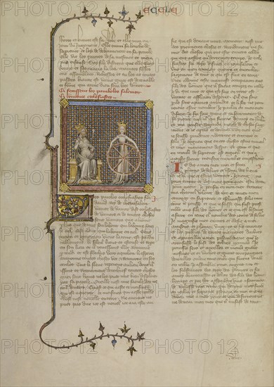 Solomon with a Crowned Female Figure Holding a Wheel Illustrating the Turning of the Seasons; Master of Jean de Mandeville