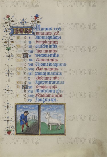 A Man Digging; Zodiacal Sign of Aries; Master of the Lee Hours, Flemish, active about 1450 - 1470, Ghent, probably, Belgium